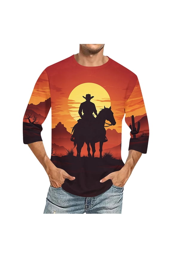Mens Shirts New Design Mens T-shirts Western Knight Print Men's Casual Soft 3/4 Raglan Sleeve Sports Running Jersey Baseball Tee Active Shirts(Plus Size & Regular)