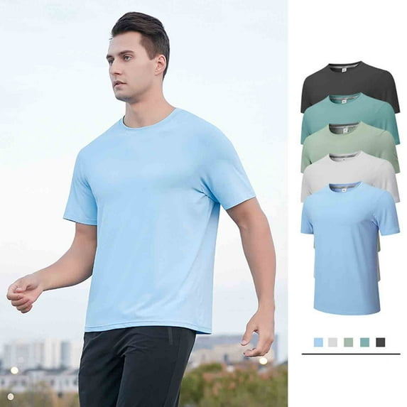 Nmnitkp Mens Short Sleeve Shirts Solid-Color Casual Loose Sports Breathable Ice Silk T-Shirt Quick Dry Round-Neck Mens Pullover Light Blue #01,L