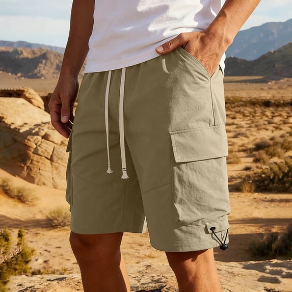Nmnitkp Mens Shorts Casual Cargo Shorts Elastic Waist Drawstring Multi-Pocket Lightweight Summer Outdoor Work Shorts Khaki,3XL