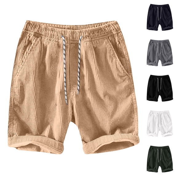 Nmnitkp Mens Shorts Outdoor Sports Mens Cargo Shorts Casual Drawstring Elastic Waist Corduroy Summer Beach Shorts with Pockets Khaki,L