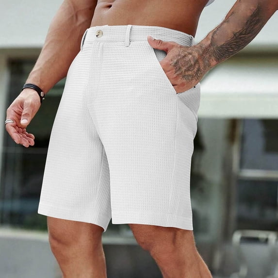 Nmnitkp Mens Shorts Solid Color Waffle Casual Zipper Button Shorts Pockets Cargo Cropped Pants White,XL