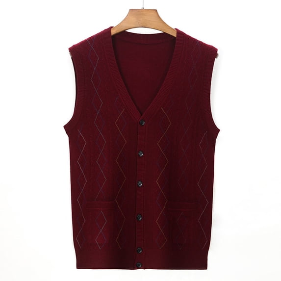 Nmnitkp Mens Sweater Vest V-Neck Sleeveless Cardigan Loose Button up Knitted Fall Winter Heavy Knitwear Red,L