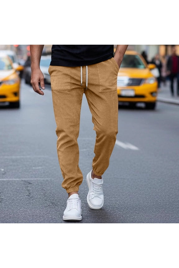 Mens Sweatpants Casual Fashion Corduroy Solid-color Pocket Drawstring Elastic Waist Jogger Pants Khaki,XL