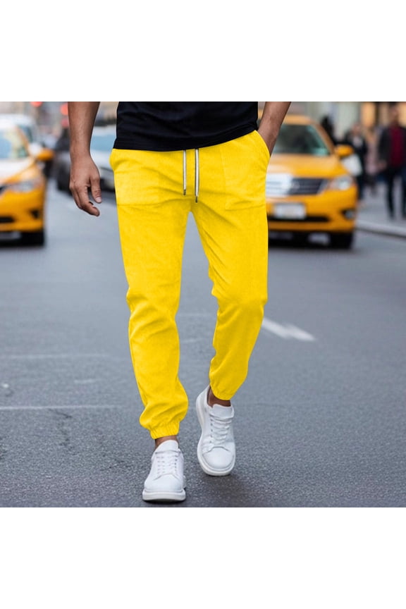 Mens Sweatpants Casual Fashion Corduroy Solid-color Pocket Drawstring Elastic Waist Jogger Pants Yellow,S