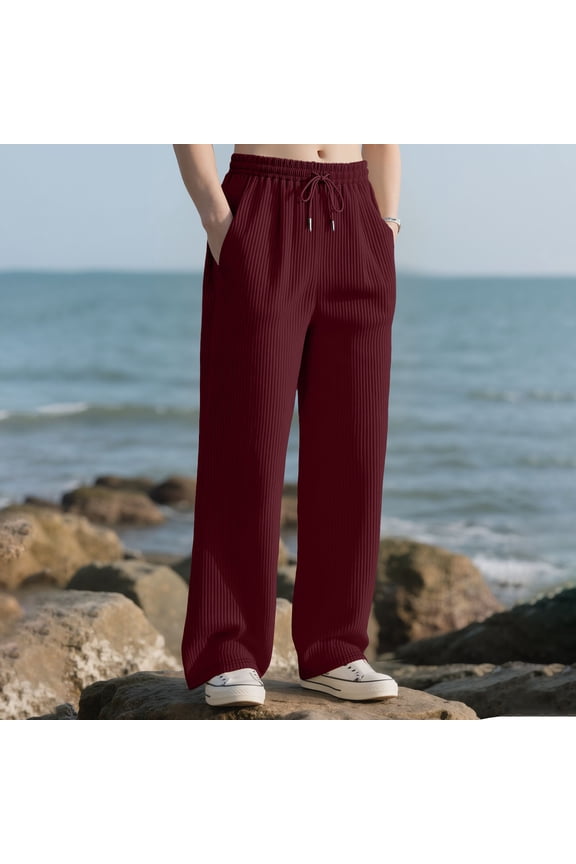 Mens Sweatpants Durable Solid Color Drawstring Striped Straight Leg Casual Sports Long Pants Wine,S