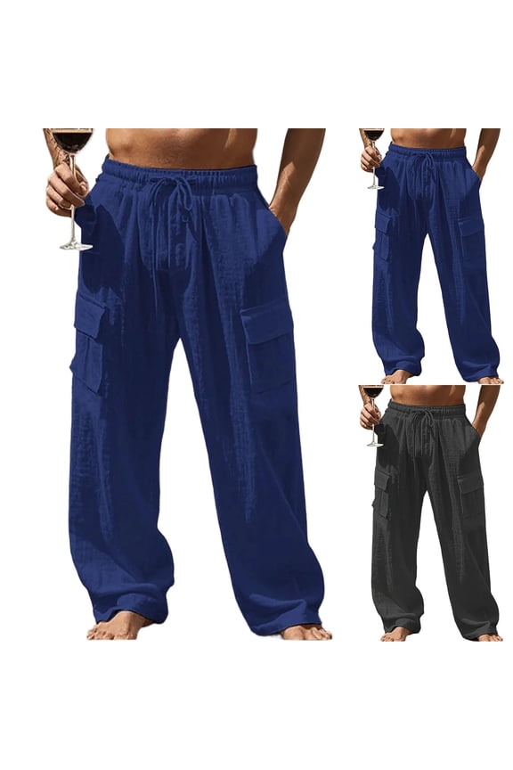 Mens Sweatpants Solid Color Fashionable Loose Casual And Linen Workwear Multi Pocket Wide Leg Pants Straight Leg Wide Leg Pants Navy,S