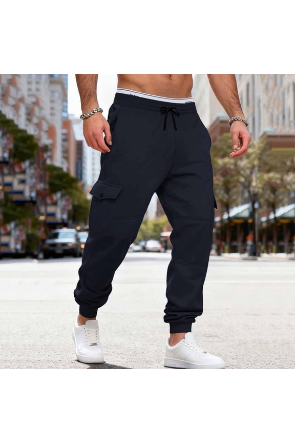 Mens Sweatpants Solid Color Thickened Sporty Pocket Cargo Pants Elastic Waist Drawstring Casual Tight-Fitting Trousers Full Length Pants Navy,S