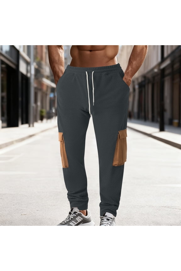 Mens Sweatpants Wear-Resistant Color Blocked Elastic Tight Waist Drawstring Multi Pocket Workwear Pants Gray,S