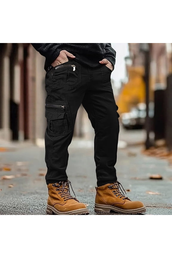 Mens Sweatpants Wear-Resistant Outdoors Button Zipper Solid Color Casual Pocket Cargo Pants Black,2XL