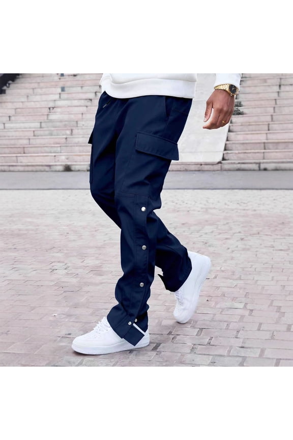 Mens Sweatpants Wear-Resistant Solid Color Adjustable Elastic Drawstring Multi Pocket Workwear Pants Navy,S