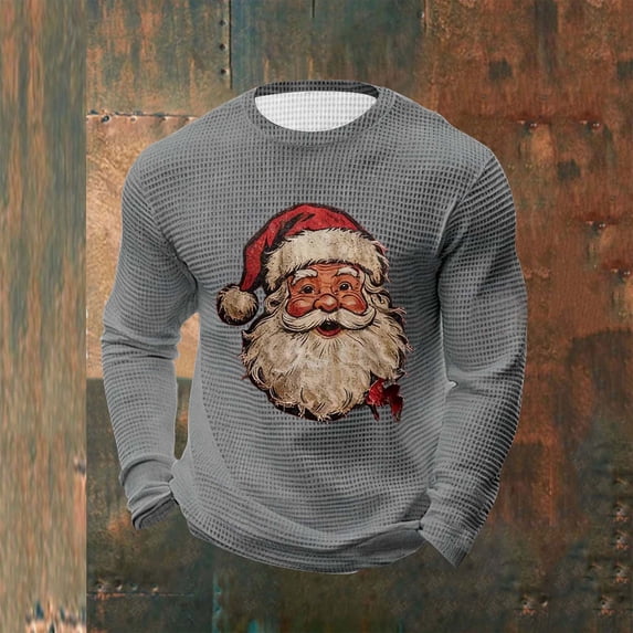 Nmnitkp Mens Sweatshirt Crewneck Pullover Waffle Textured Knitted T-Shirts Casual Loose Fit with Ribbing Edge Christmas Gray,S
