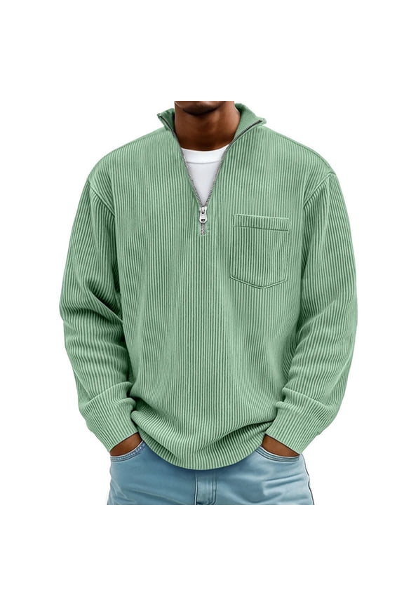 Mens Sweatshirt Solid Corduroy Stand Collar Half Zip Long Sleeve Plus Size Pullover Loose Fit Chest Pocket Casual Layering Top for Fall Winter Office Daily Travel Weekend Wear Green,S