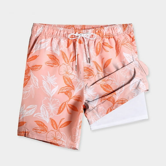 Nmnitkp Mens Swim Trunks with Compression Liner 2-in-1 Swim Trunks Stretch Quick Dry Swim Shorts UPF 50+ Sun Protection Swimtrunks Pockets Pink #,2XL
