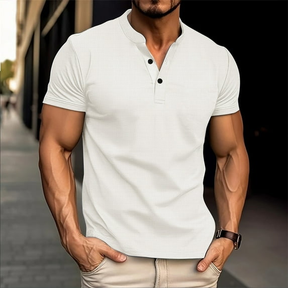 Nmnitkp Mens T-shirts Comfortable and Breathable Men's Waffle Henley Short Sleeve Shirts Casual Basic Button Oversize T-Shirt Classic Summer Tops