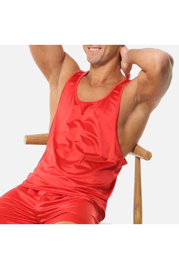 Mens Tank Top Solid-Color Loose Sports Fitness Slim-Shoulder Strap Sweat Absorbing H-shaped Round-Neck Tank Top Red,S