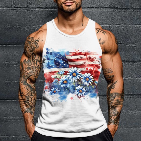 Nmnitkp Mens Tank Tops Independence Day Printing,Beach Summer Sleeveless Shirts Graphic Palm Tree Vacation Tanks Muscle Gym Tank Top White,3XL