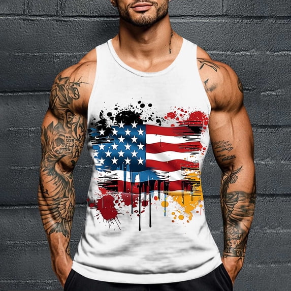 Nmnitkp Mens Tank Tops Independence Day Printing,Beach Summer Sleeveless Shirts Graphic Palm Tree Vacation Tanks Muscle Gym Tank Top White,L