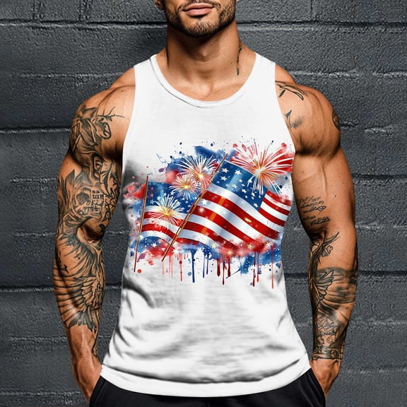 Nmnitkp Mens Tank Tops Independence Day Printing,Beach Summer Sleeveless Shirts Graphic Palm Tree Vacation Tanks Muscle Gym Tank Top White,L