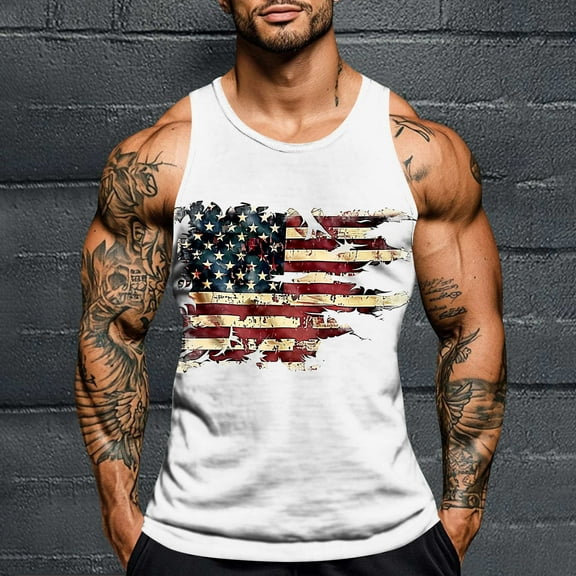 Nmnitkp Mens Tank Tops Independence Day Printing,Beach Summer Sleeveless Shirts Graphic Palm Tree Vacation Tanks Muscle Gym Tank Top White,S