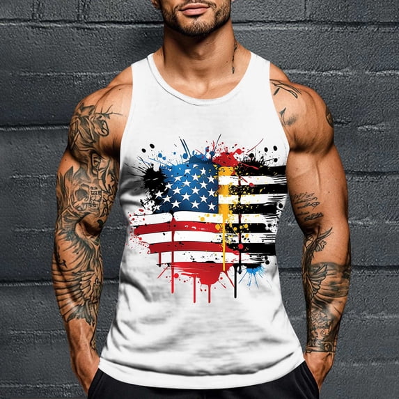 Nmnitkp Mens Tank Tops Independence Day Printing,Beach Summer Sleeveless Shirts Graphic Palm Tree Vacation Tanks Muscle Gym Tank Top White,XL
