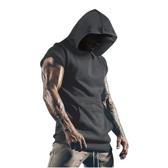 Nmnitkp Mens Workout Tank Tops with Hood sleeveless gym t-shirt Muscles Tees Athletic Pockets & Comfortable and Breathable Mens T-shirts