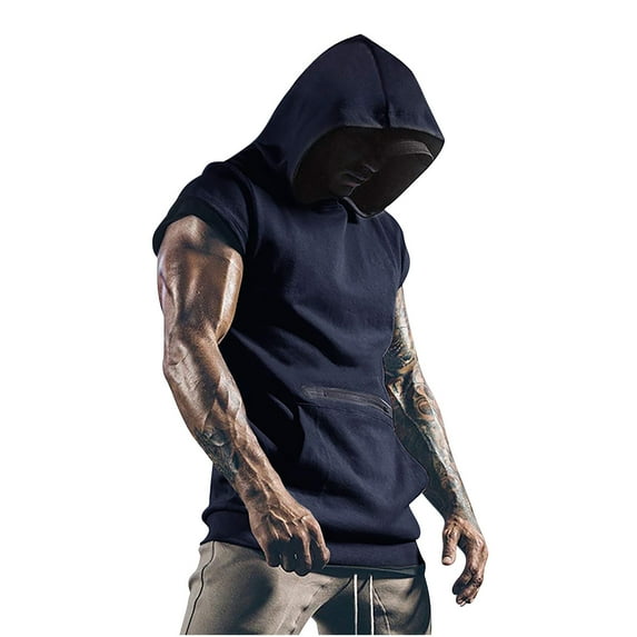 Nmnitkp Mens Workout Tank Tops with Hood sleeveless gym t-shirt Muscles Tees Athletic Pockets & Comfortable and Breathable Mens T-shirts