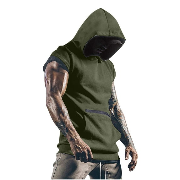 Nmnitkp Mens Workout Tank Tops with Hood sleeveless gym t-shirt Muscles Tees Athletic Pockets & Comfortable and Breathable Mens T-shirts