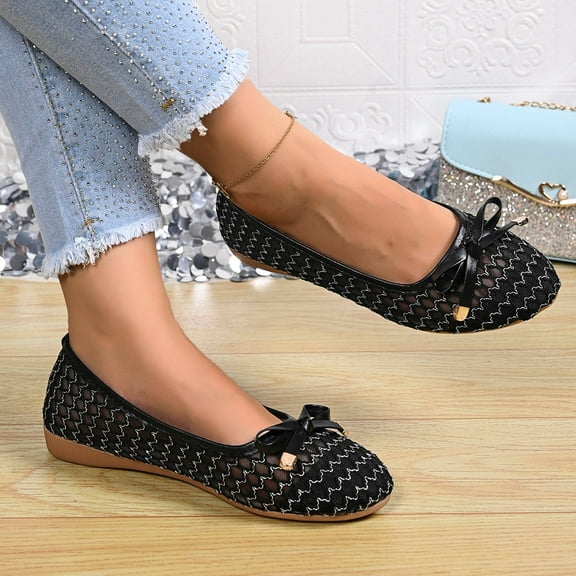 Nmnitkp Mesh Ballet Flats for Women Crystal Rhinestone Mary Jane Shoes Comfortable Round Toe Ballerina Flats with Stretch Strap Trendy Black,42