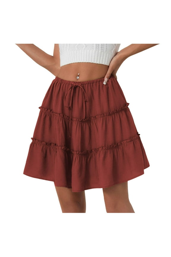 Mini Skirts for Women,2026 New Model Women's Skirts,Women's Summer Boho Floral Print Mini Skirt High Waist Drawstring Tiered Skirts Orange,S