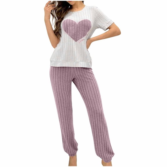 Nmnitkp Pajamas for Women Set Sleep Aid Womens Pajamas Comfortable Women Fashion Leisure Love Round Neck Short Sleeve Pajamas Trousers Home Service Two-piece Suit