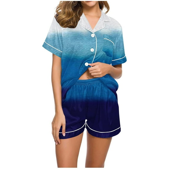Nmnitkp Pajamas for Women Set Soft and Friendly Skin Color gradient Womens Silk Satin Pajamas Short Sleeve Loungewear Two-Piece Sleepwear Button-Down Pj Set S-XXL