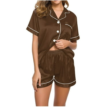 Nmnitkp Pajamas for Women Set Soft and Friendly Skin Solid Color Womens Silk Satin Pajamas Short Sleeve Loungewear Pajama Set Two-Piece Sleepwear Button-Down Pj Set S-XXL