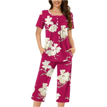 Nmnitkp Pajamas for Women Set Soft and Friendly Skin Women Pajamas Sets Boho Floral Pleated Loungewear Short Sleeve Button Crewneck Tops and Capri Pants 2 Piece Outfits with Pockets