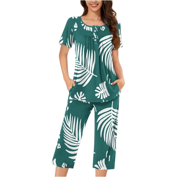 Nmnitkp Pajamas for Women Set Soft and Friendly Skin Women Pajamas Sets Boho Floral Pleated Loungewear Short Sleeve Button Crewneck Tops and Capri Pants 2 Piece Outfits with Pockets