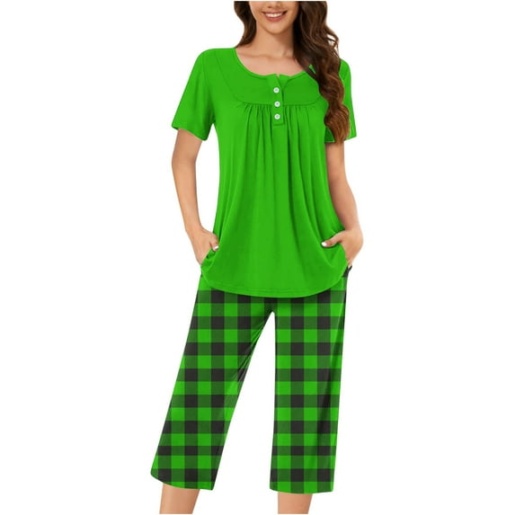 Nmnitkp Pajamas for Women Set Soft and Friendly Skin Women's Pajamas Set Solid Color with Casual Print Short Sleeve Top With Capri Pants Pjs Lounge & Sleepwear Pajama Set with Pockets S-3XL