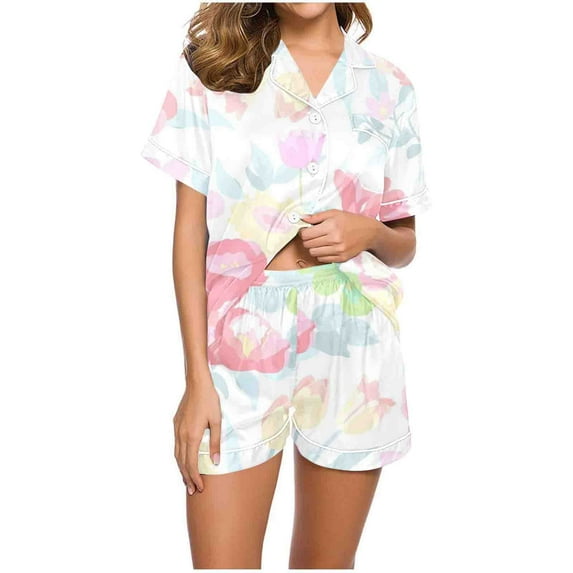Nmnitkp Pajamas for Women Set Soft and Friendly Skin Womens Pajamas Set Floral Print, Soft Pajamas for Women Shorts Set, Summer Button Down 2 piece Women Pjs with Pockets S-XXL