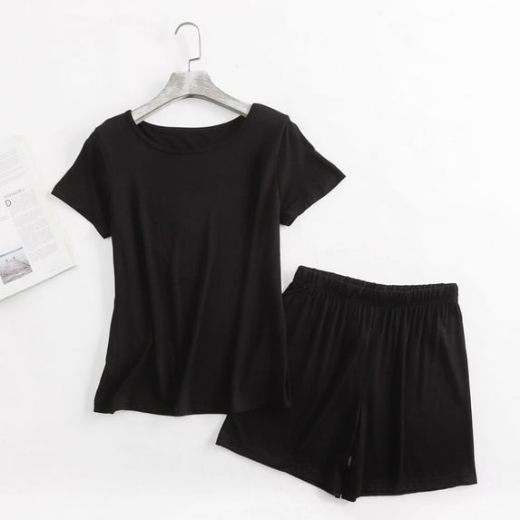 Nmnitkp Pajamas for Women Set 2-Piece Solid Color Modal Loungewear - Loose Short-Sleeved Shirt & Shorts Black,2XL