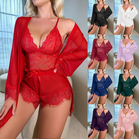 Nmnitkp Pajamas for Women Set 3pcs Satin Pajamas Set V Neck Lace Trim Cami Top and Shorts Sleepwear PJs Set with Tops Red,L