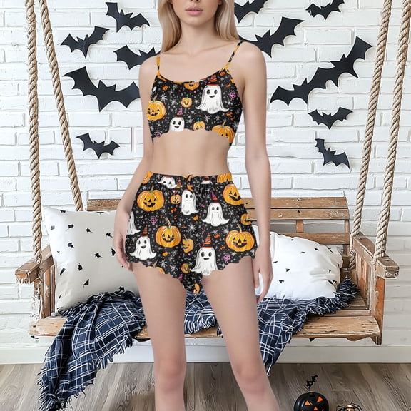 Nmnitkp Pajamas for Women Set Silk New Style Ladies' Casual And Fashionable Halloween Suspender Shorts Pajama Set Black,M