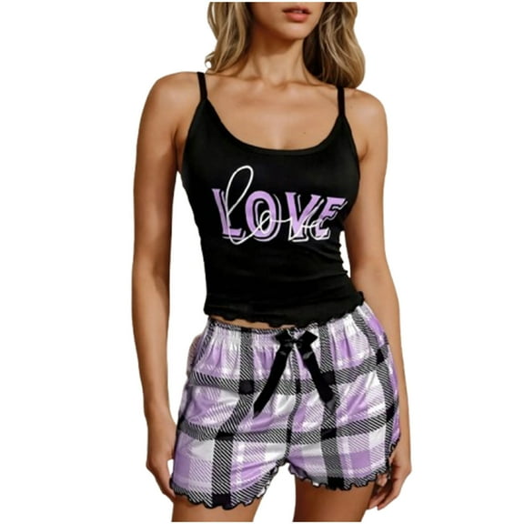 Nmnitkp Pajamas for Women Set Sleep Aid Women's Printing Suspenders Sleeveless Blouse Decorative Tie Straps Pajamas Sets