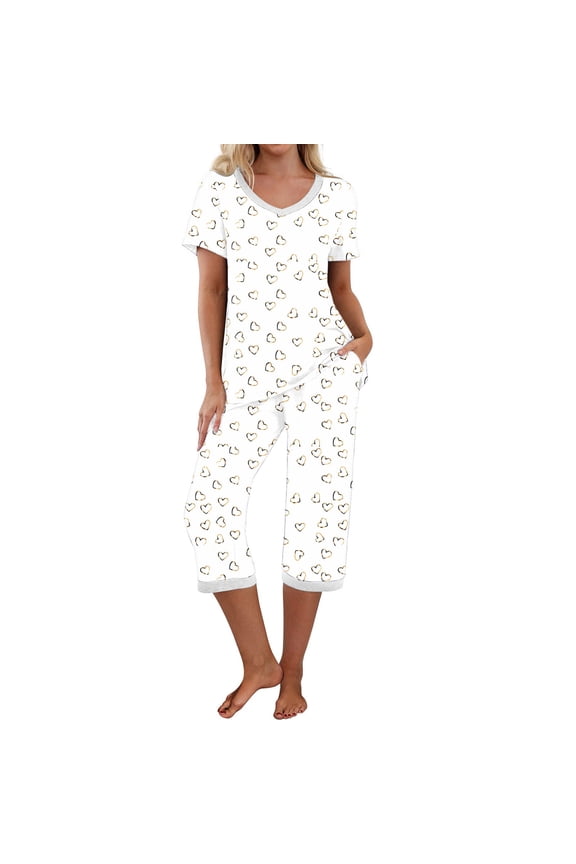 Pajamas for Women Set Sleep Aid Women's Sleepwear Capri Pajama Sets Short Sleeve Two-Piece Pjs V Neck Tops & Capri Pants with Pockets