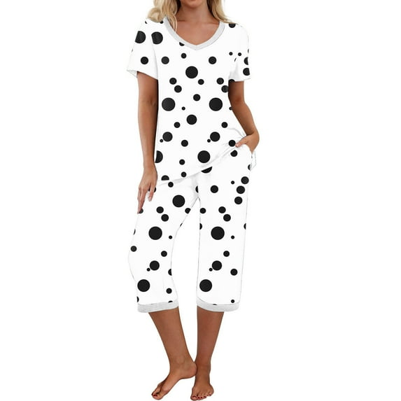 Nmnitkp Pajamas for Women Set Sleep Aid Women's Sleepwear Capri Pajama Sets Short Sleeve Two-Piece Pjs V Neck Tops & Capri Pants with Pockets