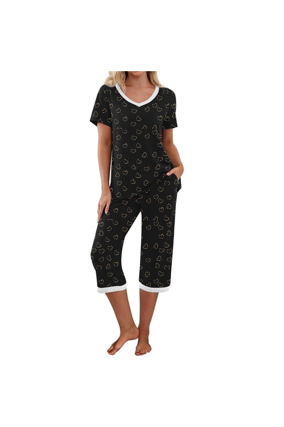 Pajamas for Women Set Sleep Aid Women's Sleepwear Capri Pajama Sets Short Sleeve Two-Piece Pjs V Neck Tops & Capri Pants with Pockets