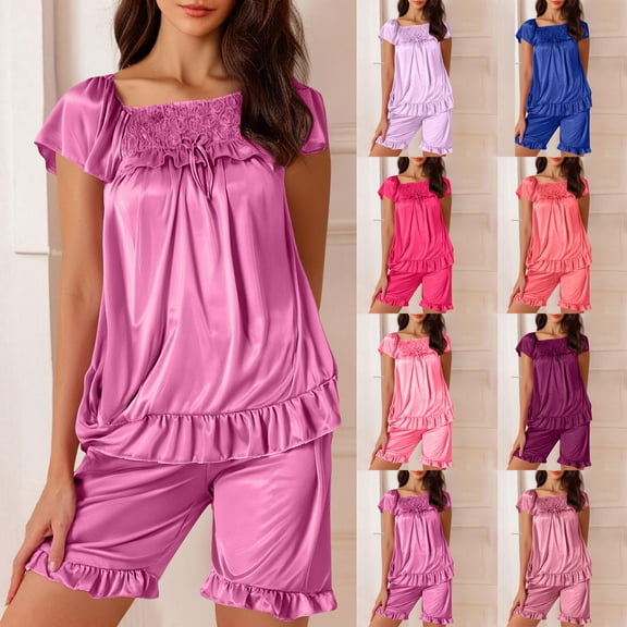 Nmnitkp Pajamas for Women Set Summer Solid Color Ice Silk Nightdress Soft And Comfortable Suit Home Clothes Pajamas Red,Free Size