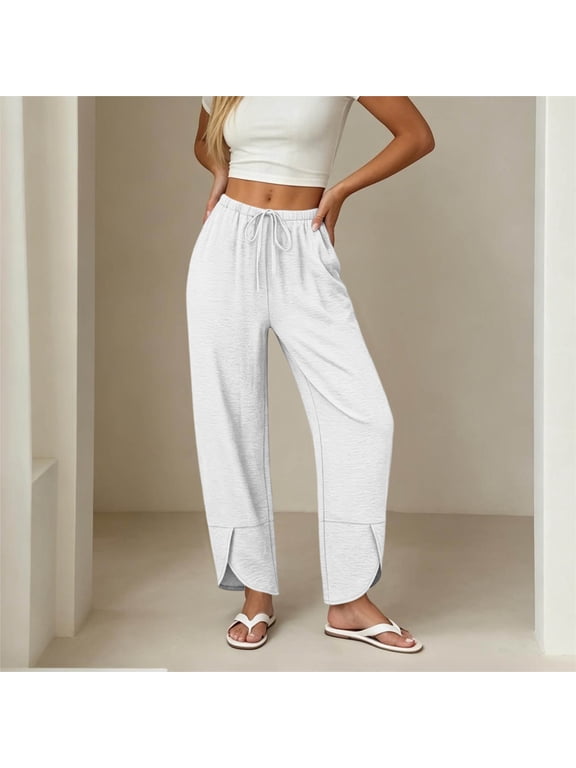 Pants for Women Linen Blend Drawstring Wide Leg Pants Elastic Waist Pull On Casual Pants with Pockets Split Hem for Daily Lounge Vacation WearWhite,L
