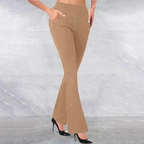 Nmnitkp Pants for Women Athleisure Pants Solid Color Fashion Elastic Waist Placket Button Side Pocket Skinny Yoga Pants Khaki,L