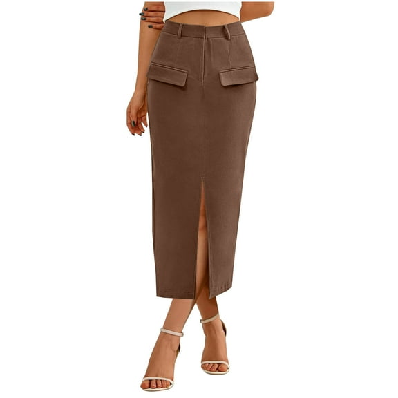 Nmnitkp Pencil Midi Skirt for Women 2025 Fall Casual High Waist Ruched Ribbed Knit Stretchy Bodycon Skirt with Slit Coffee,M