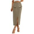 thumbnail image 1 of Nmnitkp Pencil Midi Skirt for Women 2026 Fall Casual High Waist Ruched Ribbed Knit Stretchy Bodycon Skirt with Slit Khaki,2XL, 1 of 9