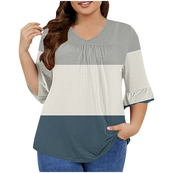 Nmnitkp Plus Size Blouses for Women Stripe Oversized T Shirts Casual V Neck Ruffles Sleeve Blouse Solid Color Summer Flowy Tops L-5XL