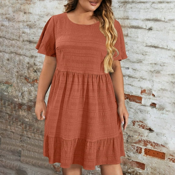 Nmnitkp Plus Size Dresses New Design,Summer Dresses for Women 2026 Short Sleeve Fit and Flare Midi Swing Dress with Pocket Brown,3XL